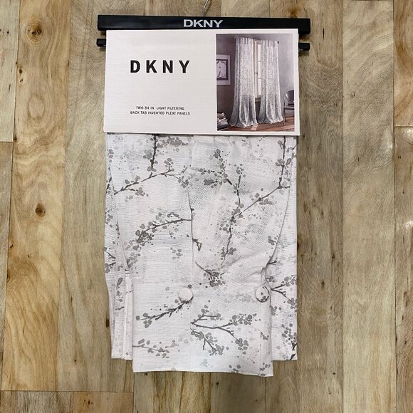 DKNY 32 x 84 Promenade Inverted Pleat Curtains COTTON White GRAY Flowers Buttons